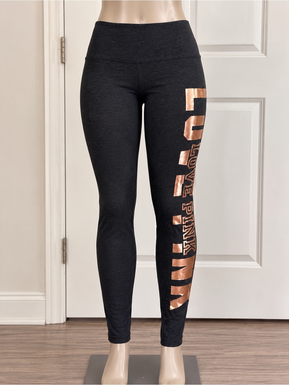 PINK Victoria's Secret Black Leggings with Metallic Rose Gold Side Logo